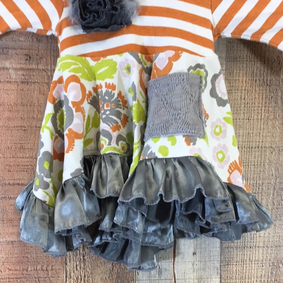 Giggle Moon Orange Gray Striped Floral Ruffle Dress Baby 6M Long Sleeve - Picture 3 of 11